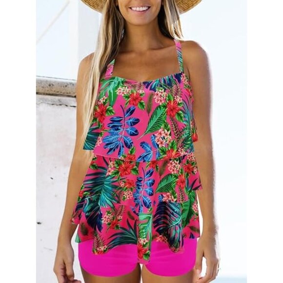 Binlowis Tankini Small Two Piece Swimsuit Floral Print Ruffle Tank Top Shorts - Picture 2 of 5